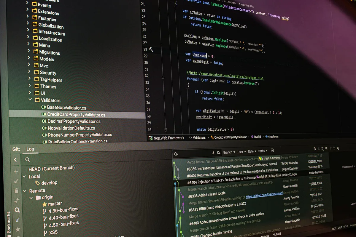 Visual Studio Code IDE showing C# validator code with git log panel displaying project branches and commit history