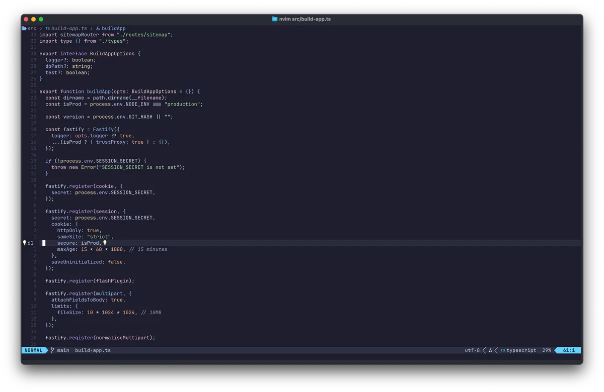 TypeScript code editor showing a build app configuration file with Fastify setup and environment variables