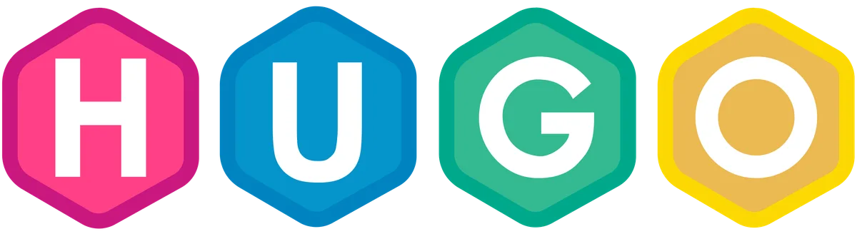 HUGO logo with four colorful hexagonal icons displaying letters H, U, G, O in pink, blue, green, and yellow